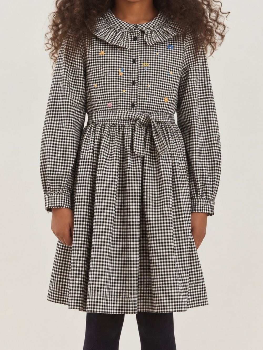 Bonpoint Cotton Gingham Embroidered Dress Size 8 Black White Ruffle Collar